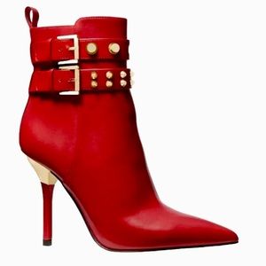 Michael Kors Women's Amal Buckled Studded Leather Red Ankle Booties Size 7.5